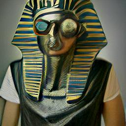 generated: A portrait of a metal statue of a pharaoh wearing steampunk glasses and a leather jacket over a white t-shirt that has a drawing of a space shuttle on it. #7